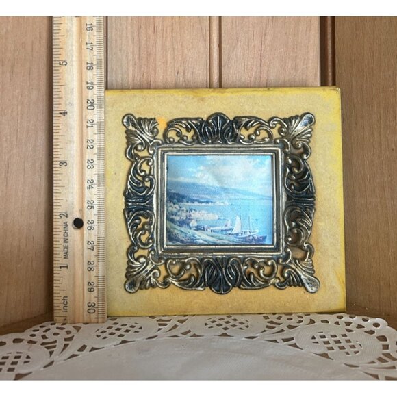 Vintage Ornate Frame Flocked Border Seascape Miniature Silk Wall Decor MCM - Picture 2 of 5